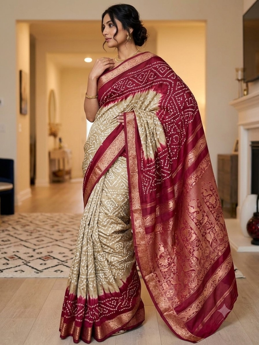 Pure Silk Hand Done Bandhani Saree Banarasi Zari
